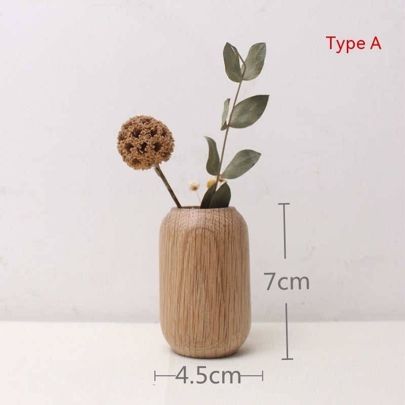 Japanese Style Solid Wood Vase with Dried Flowers Decor