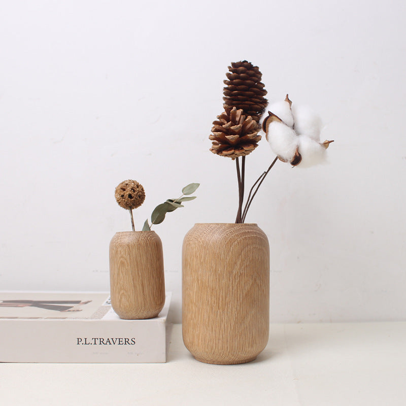 Japanese Style Solid Wood Vase with Dried Flowers Decor