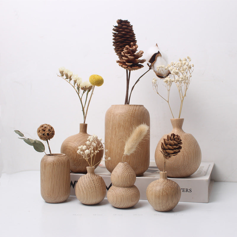 Japanese Style Solid Wood Vase with Dried Flowers Decor