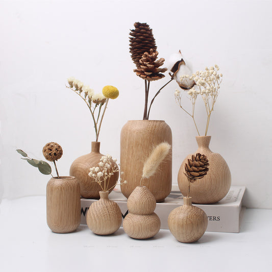 Japanese Style Solid Wood Vase with Dried Flowers Decor
