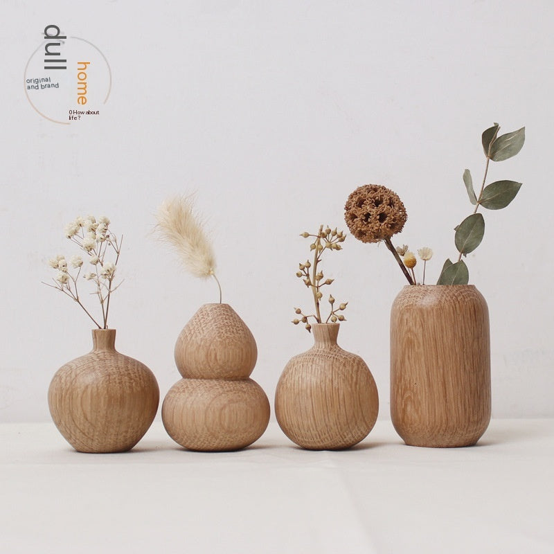 Japanese Style Solid Wood Vase with Dried Flowers Decor