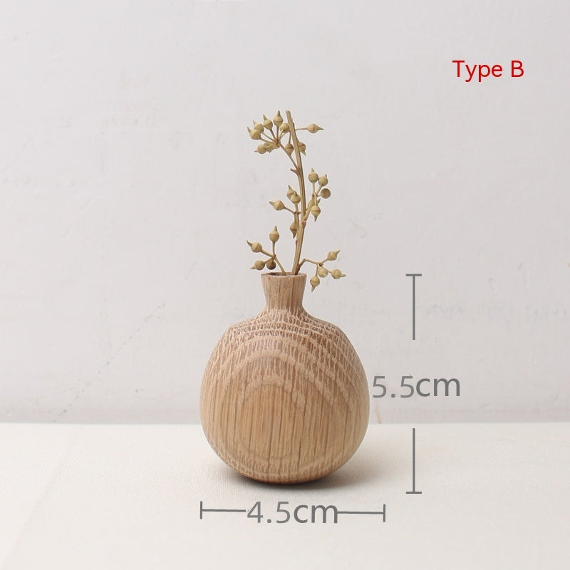 Japanese Style Solid Wood Vase with Dried Flowers Decor